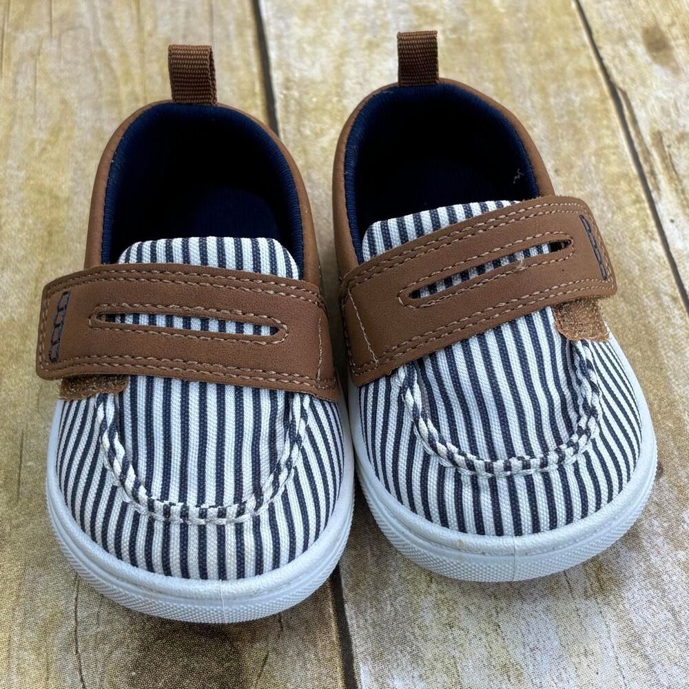 Carters Boys Crew Boat Loafers Blue White Striped Shoes Size 4M